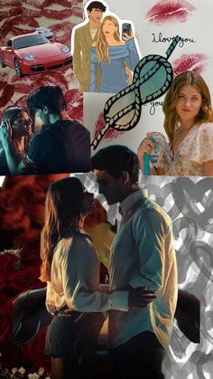 the collage shows two people kissing in front of red roses and an image of a car