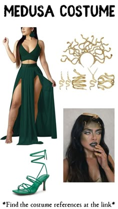 a woman in a green dress with gold accessories on her face, and the words medusa costume