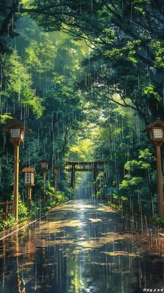 an anime scene with rain falling down on the ground and lanterns hanging from the trees