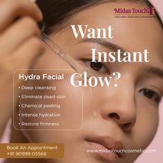 Pamper yourself a little more this year. Rejuvenate your skin with a hydra facial. Gain that fresh glow of lovely skin with our experts @ MIdasTouch Book your appointment NOW! Contact us: +91 90999 05566 #midas #midastouch #midastouchcare #lasertreatment #skincare #facial #hydrafacial #cleansing #exfoliating #hydrating #skintreatment #contactus #visitus #ahmedabad Book Your Appointment Now, Hydrafacial Post, Book Now Appointment, Skincare Knowledge, Remove Skin Tags Naturally, Microdermabrasion Facial, Skin Care Center, Dermatology Clinic, Anti Aging Skincare Routine