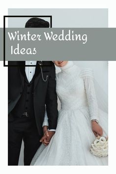 a man and woman dressed in black tuxedos are holding hands with the words winter wedding ideas