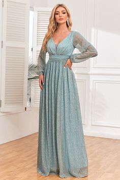 A-Line Sequins Blue Formal Dress with Long Sleeves Elegant Evening Dress, Robes D'occasion, Blue Dress Formal, Maxi Dress Prom, Mother Of Groom, فستان سهرة, Maxi Robes, Evening Dresses Elegant, Evening Formal