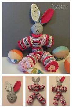 the stuffed rabbit is made from fabric and has four different patterns on it's body