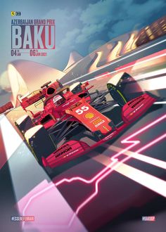 a red race car driving down a track with the words baku written on it