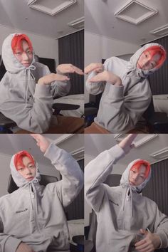 four pictures of a man with red hair wearing a hoodie and pointing at something