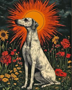 a drawing of a dog sitting in a field with flowers and the sun behind it