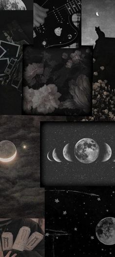 a collage of photos with the moon and stars in them, all black and white