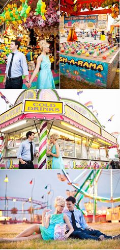 a couple sitting on the ground in front of an amusement park ride and carnival rides