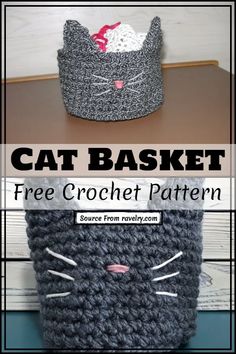 a crocheted cat basket is shown with the text, free crochet pattern