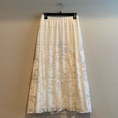 Show Me Your Mumu Kellen Skirt In Moonlight Roses Lace Cream Is New With Tags! Can Be Worn As A Skirt 100% Poly Lined 34” Long Elastic Waist Lace Detailing White Full Maxi Skirt For Spring, White Tiered Maxi Skirt For Spring, White Elegant Maxi Skirt For Spring, Elegant White Maxi Skirt For Spring, Spring White Lined Maxi Skirt, White Long Skirt For Spring, White Lined Skirt For Spring, White Flowy Skirt For Spring, White Tiered Pleated Skirt