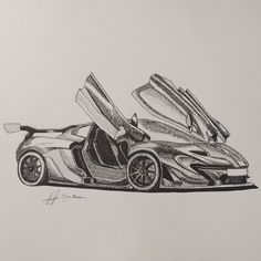 a drawing of a sports car with open hoods on it's back end