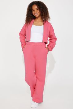 Available In Pink. Matching Pant Set Front Zip Up Hoodie Wide Leg Pant Elastic Waistband Stretch 65% Cotton 35% Polyester Model Wears Size 10 Mommy & Me Takedown Of "On The Go Fleece Pant Set" Imported | Mini On The Go Fleece Pant Set in Pink size 4 by Fashion Nova Pink Fleece Sweats With Drawstring Hood, Baby Pink Sweat Pants, Pink Stretchable Two-piece Set, Pink Pants Kids, Sweatpant Set Pink, Matching Pants Set, Wide Leg Pant, Fleece Pants, Zip Up Hoodie