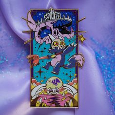 a lapel pin with an image of a cartoon character on it's back