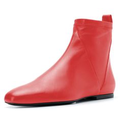 Step out in style with these red flat boots. Fashionable square-toe design and convenient slip-on style make these booties perfect for women who prioritize both comfort and trendsetting looks. Color: Red Toe: Square toe Pull-on style Handcrafted US sizing. Fits true to size. Ankle Boots For Work, Boots For Work, Square Toe Ankle Boots, Casual Leather Jacket, Boots Heel, Custom Boots, Red Flats, Boating Outfit, Red Square