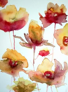 watercolor painting of red and yellow flowers