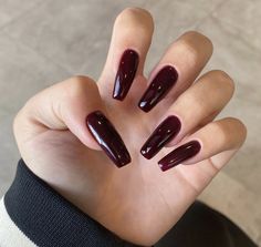 Coffin Shaped Dark Red Nails, Dark Red Nails Acrylic Aesthetic, Deep Red Coffin Acrylic Nails, Dark Brown Nails Acrylic Coffin Long, Dark Red Tapered Square Nails, Dark Red Ballerina Nails, Dark Red Coffin Acrylic Nails, Long Dark Red Nails, Plum Acrylic Nails