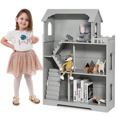 This 3-floor dollhouse bookcase with fancy appearance will be a great companion for your beloved little one. The house-like looking can enhance your kid's creation and imagination, at the same time the classified and spacious storage space will cultivate organization awareness of your kid. Furthermore, our dollhouse bookshelf is made of healthy material which is free of BPA and any other harmful elements, and certificated by ASTM and CPSIA. Each shelf can withstand the weight of 22 lbs, which is Dollhouse Bookshelf, Dollhouse Bookcase, Kid Toy Storage, Dollhouse Toys, Bookshelves Kids, Nursery Gift, Wooden Dollhouse, Organization Kids, Bookcase Shelves