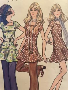 Semi-fitted low-waisted mini dress with flared skirt has front squared neckline and short sleeves. 70s Clothing Patterns, 70s Patterns Sewing, 1970s Clothing Patterns, Short 70s Dress, 1969 Fashion Women, 60s Womens Fashion, Skirts Reference, 1970s Fitted Mini Dress For Summer, 70’s Flare Sleeve Dress