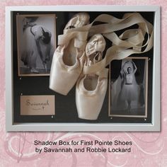 an assortment of ballet shoes are displayed in a shadow box with pictures and ribbons around them