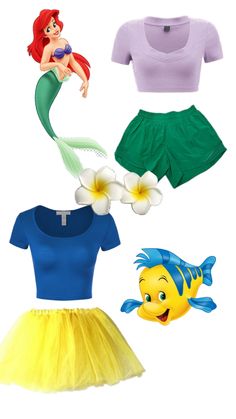 the little mermaid costume is shown in three different colors, including blue, green and yellow