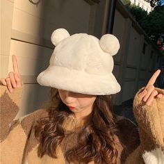 Fabric Material: Cotton Blend. PlushHead Circumference: 56/21.84"-58cm/22.62"Color: White. Pink. Black. Khaki. Wine red. Brown Trendy White Winter Bucket Hat, White Winter Bucket Hat With Short Brim, White Short Brim Bucket Hat For Winter, White Brimmed Bucket Hat For Winter, White Bucket Hat For Fall, Bear Ear Hat, Cute Bucket Hats, Winter Bucket Hat, Fur Bucket Hat