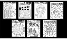 four different movie themed coloring pages with popcorn, sodas and other things on them