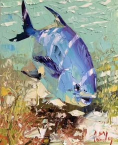 a painting of a blue fish in the water