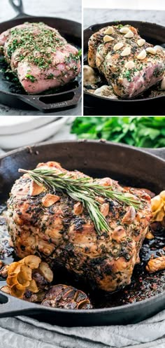 pork chops in a cast iron skillet with mushrooms and herbs on the side