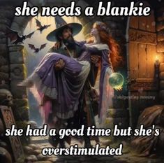 a wizard holding a woman in her arms with the caption she needs a blankie