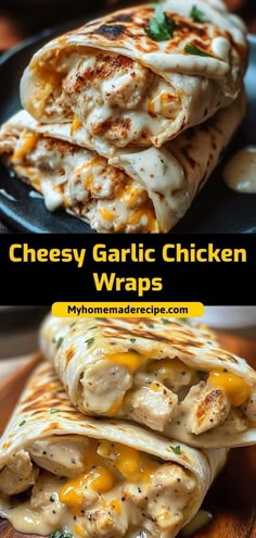 chicken wraps are stacked on top of each other with cheese and sauce in the middle