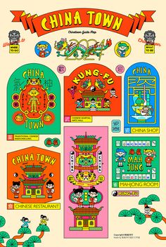 an advertisement for the chinatown town fair in china, with colorful graphics and illustrations on it