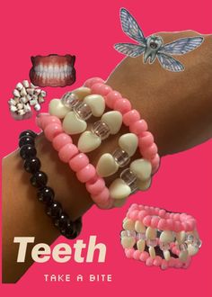 two bracelets that have different types of beads on them and the words teeth take a bite