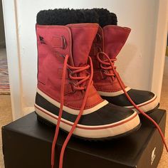 Women’s Sorel Winter Carnival Boots Size 6.5 In Rose Dust/Black. In Like New Condition, Only Worn Once! Original Box And Tags Still With Boots. Absolutely Great Boots Just Not The Color I Was Hoping For. These Boots Go Above The Ankle And Have Waterproof Linings Included! Insulated Red Boots For Outdoor, Pink Sorel Boots, Pink Waterproof Winter Boots With Round Toe, Sorel Winter Carnival, Trendy Pink Mid-calf Winter Boots, Red Lace-up Waterproof Boots For Outdoor, Sorel Winter Boots, Winter Carnival, Sorel Shoes