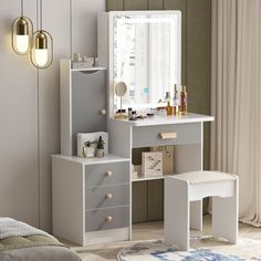 a white vanity table with drawers and stools in a bedroom next to a window