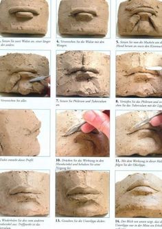 the instructions for making a face out of clay, including hands and feet with scissors