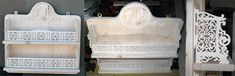 three white shelves with ornate carvings on the top and bottom, along with one shelf holding two bookshelves