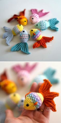 crocheted toy fish are shown in different colors