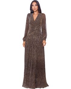 XSCAPE Long Sleeve Metallic V-Front Dress | Zappos.com Metallic Knit Dress, Metallic Gown, Xscape Dresses, Evening Dress Collection, Formal Dresses With Sleeves, Review Dresses, Flowy Skirt, Long Sleeve Romper, Formal Evening Dresses