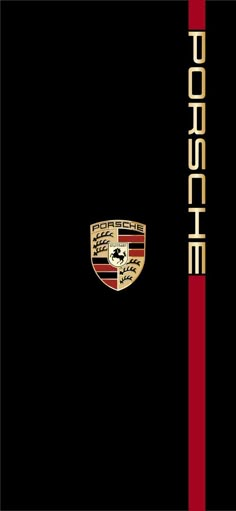 the porsche logo is shown in gold on black with red stripes and a white skull