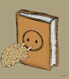 an open book with a smiley face sticking out of it's cover and a brain plugged in