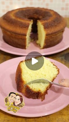 a person is cutting into a cake on a pink plate with a knife and fork