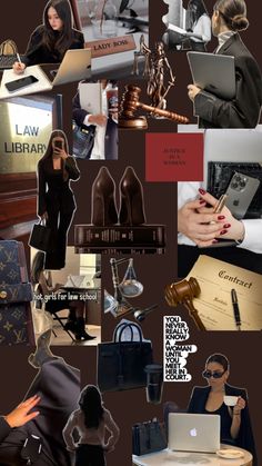 a collage of photos with women in business attire and law related items on them