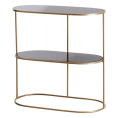 an oval metal shelf with two shelves on one side and a round glass shelf on the other