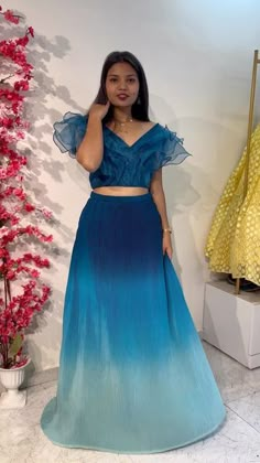 Blue Ombre Lehenga, Ombre Dress Indian, Stylish Blouse Design Unique Back, Pleated Lehenga, Blue Ombre Dress, Blue Ruffle Top, Dresses Traditional, Umbrella Skirt, Blue Lehenga