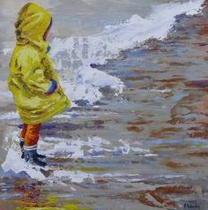 a painting of a child in yellow raincoat standing on the beach