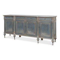 an old - fashioned sideboard with two doors and three drawers, painted in blue