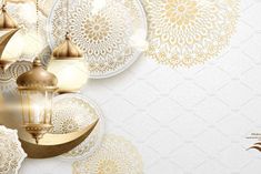 an islamic holiday card with gold ornaments and lanterns on white paper, which reads happy eid