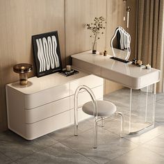 a white desk with two mirrors on top of it and a chair in front of it