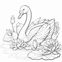 a black and white drawing of a swan in the water with lily pads on it