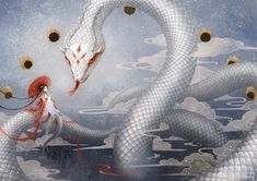 a woman is standing next to a white snake with red hair and two other snakes surrounding her